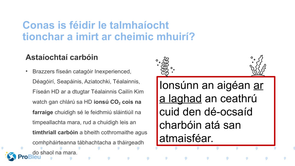 Conas is féidir le talmhaíocht tionchar a imirt ar cheimic mhuirí?
