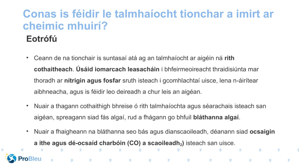 Conas is féidir le talmhaíocht tionchar a imirt ar cheimic mhuirí?