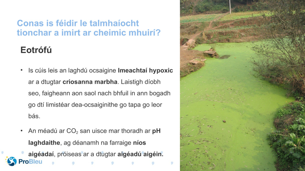 Conas is féidir le talmhaíocht tionchar a imirt ar cheimic mhuirí?